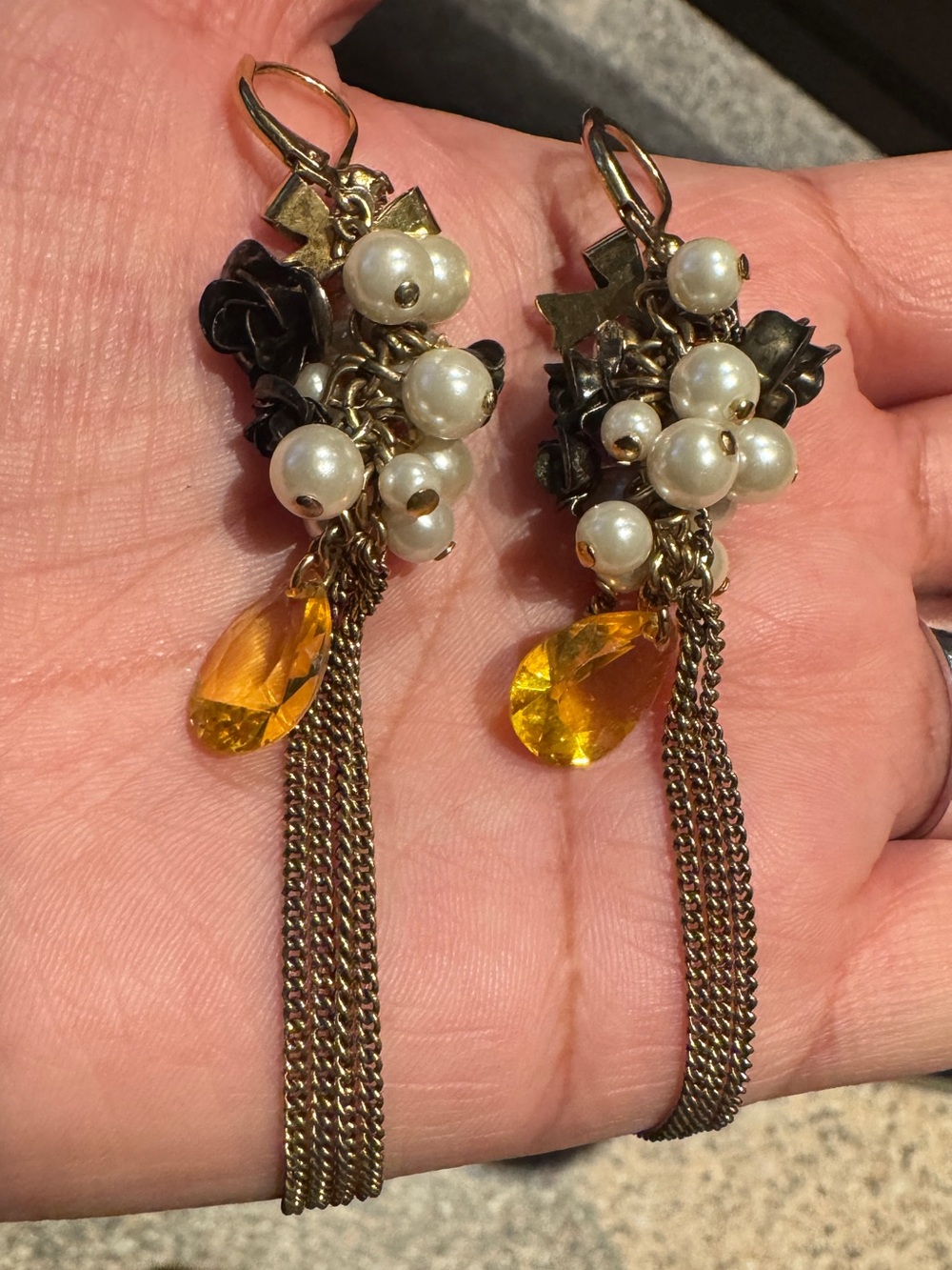 Vintage Pearl Cluster Drop Earrings with Amber Teardrops